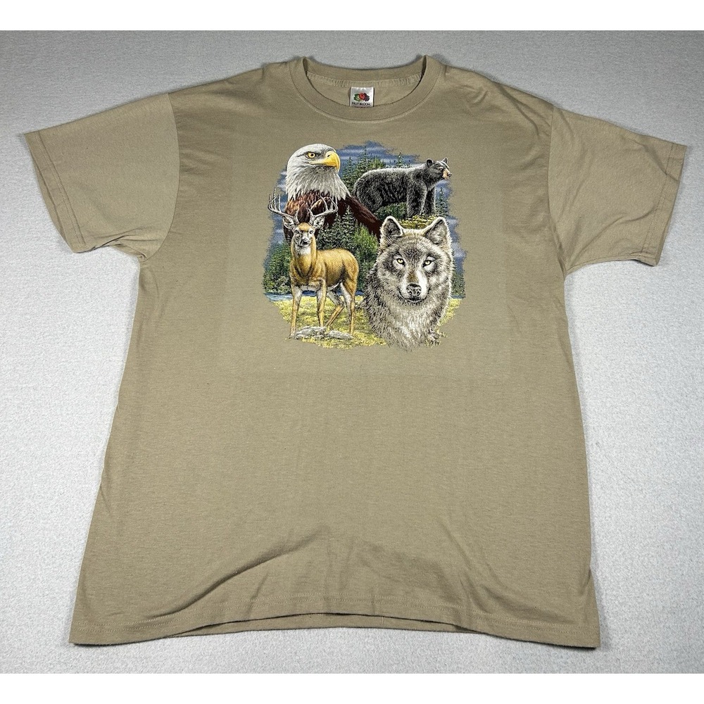 Mens Graphic Print Animal Tee Size XL Wolf Eagle Deer Bear Fruit of the Loom 90s